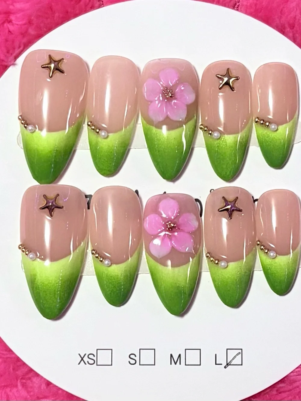 Floral Green Ombre Press-On Nails with Pink Accent - Women Makeup